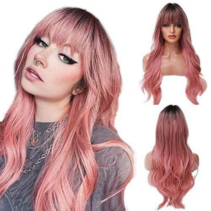 Lange gewellte Pink Ombre Perücke mit Pony – 26 Zoll