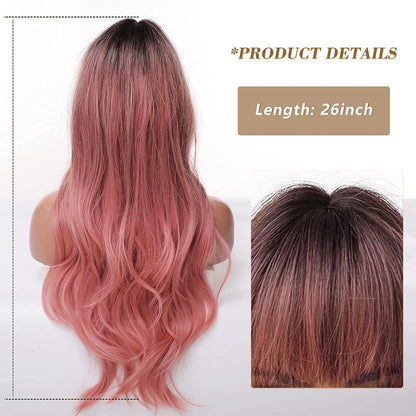 Lange gewellte Pink Ombre Perücke mit Pony – 26 Zoll