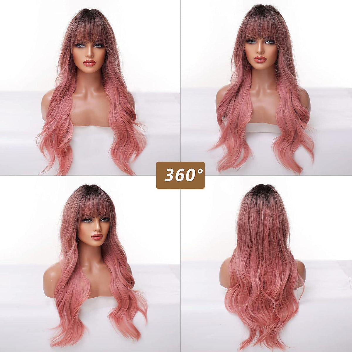 Lange gewellte Pink Ombre Perücke mit Pony – 26 Zoll