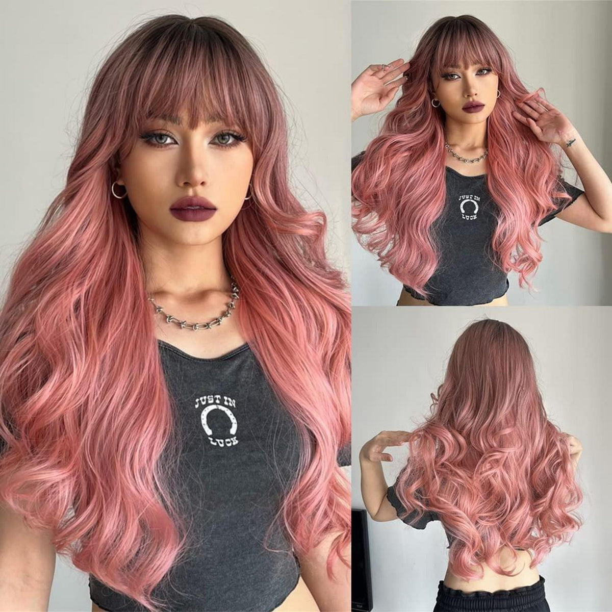 Lange gewellte Pink Ombre Perücke mit Pony – 26 Zoll