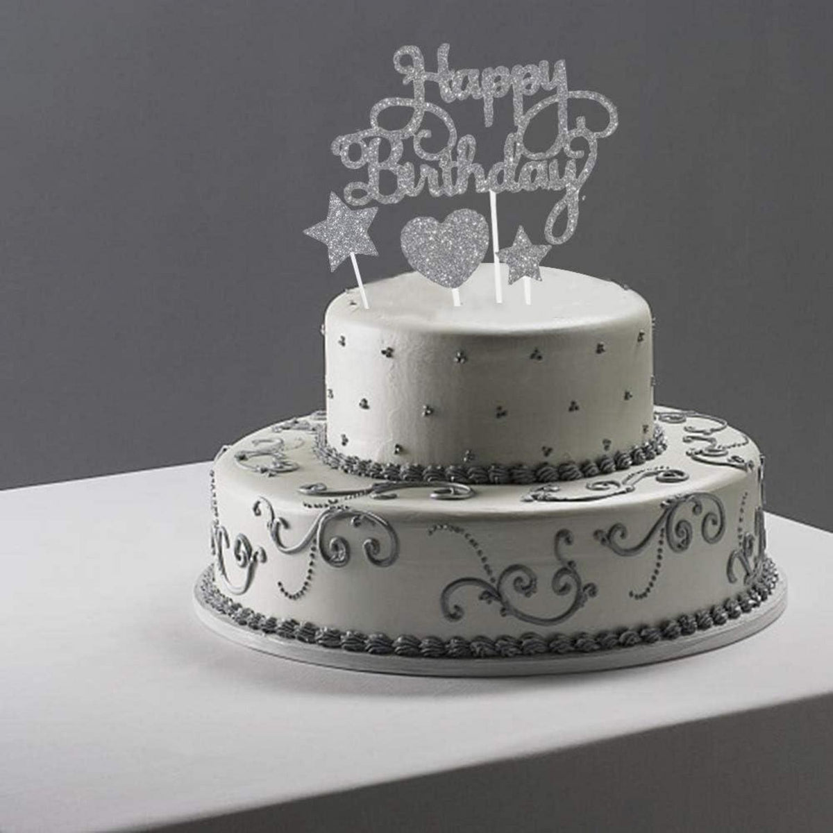 Kuchendeko Sterne Herz Geburtstag Silber Glitzer Cupcake Topper Ballon