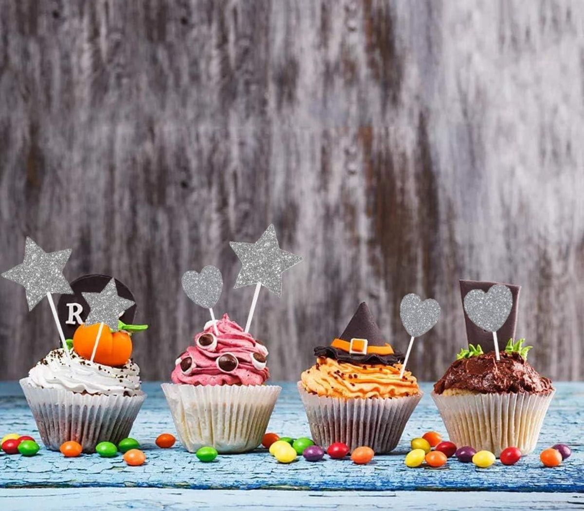 Kuchendeko 15PCS Geburtstagstorte Deko Sterne Herz Cupcake Topper