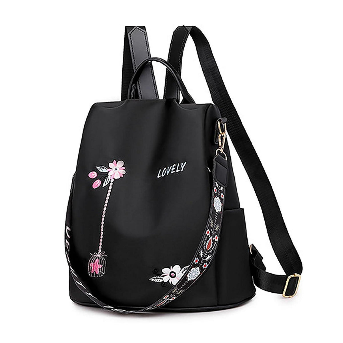 Wasserdichter Damen Rucksack Anti-Diebstahl Schulrucksack Blume Schwarz