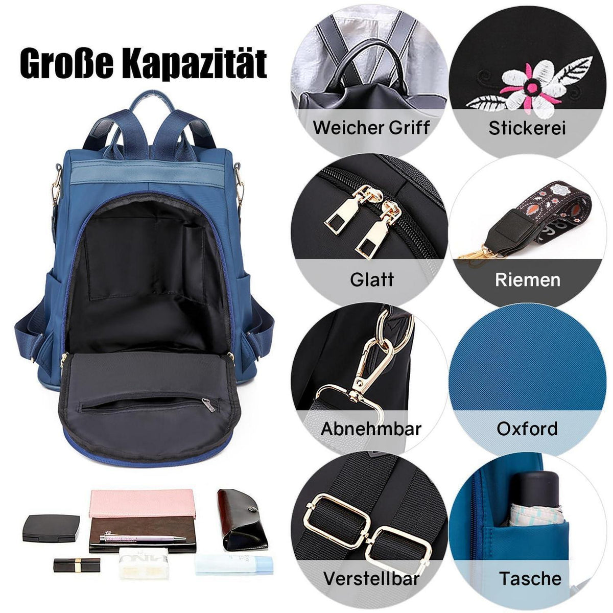 Wasserdichter Damen Rucksack Anti-Diebstahl Schulrucksack Blume Blau