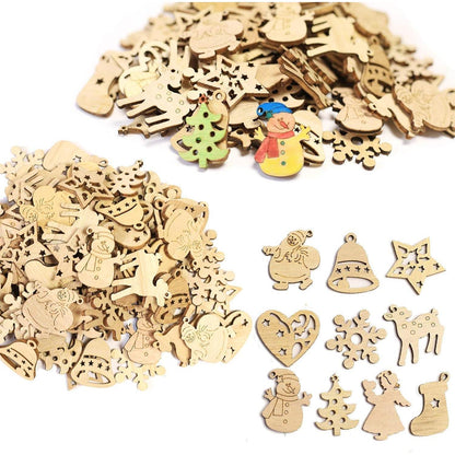 200 Mini Holzdekorationen Weihnachten – Schneeflocken & Weihnachtsmann