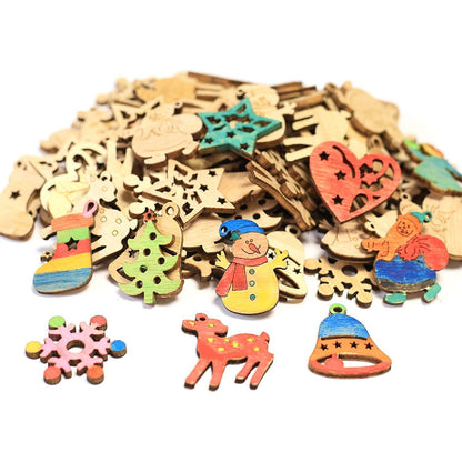 200 Mini Holzdekorationen Weihnachten – Schneeflocken & Weihnachtsmann