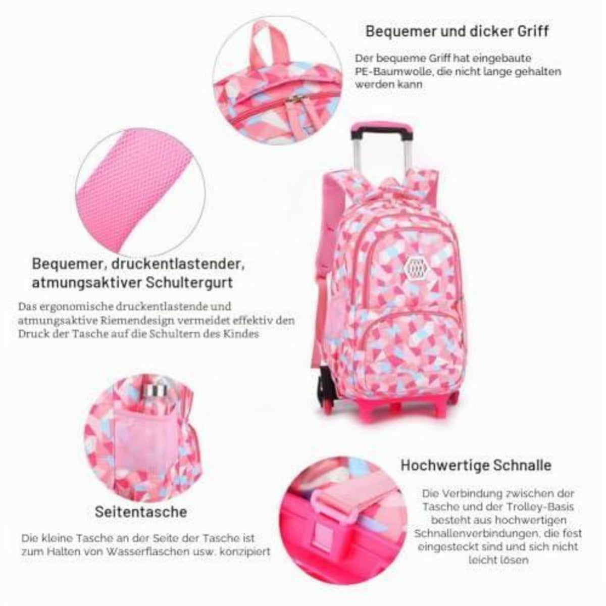 Trolley Schulranzen 6 Räder Violett – Wasserdichter Rucksack für Mädchen