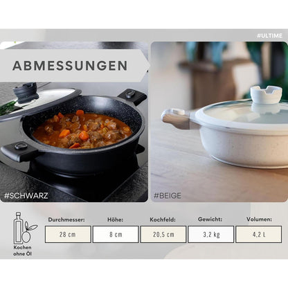 Schmorpfanne 28cm mit Deckel, abnehmbarer Griff, Induktion
