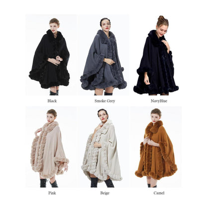 Damen Kunstpelz Poncho Strick Cape Dunkelblau