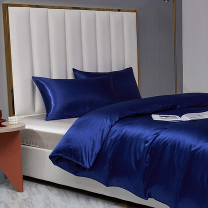 Satin Bettwäsche Set Blau 135x200cm - 2 Bettbezug & 2 Kissenbezug