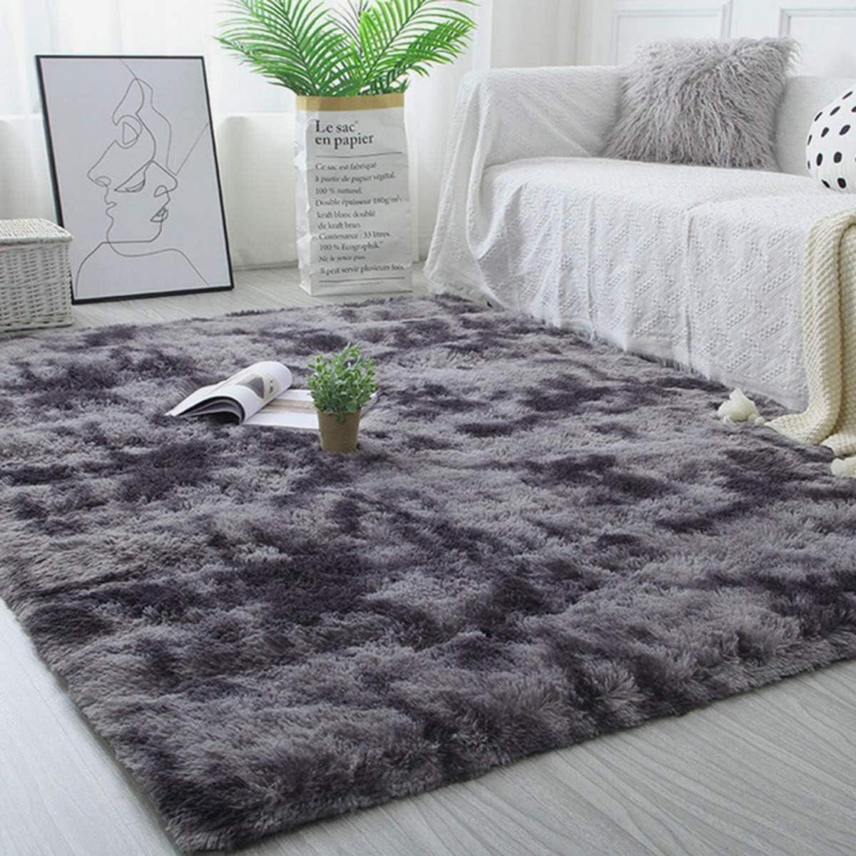 Weicher Shaggy Teppich, rutschfest, flauschig, Schwarz Grau 80x120 cm
