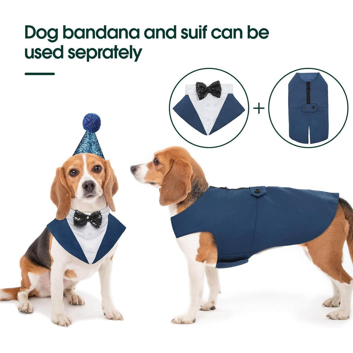 Hund Smoking Anzug mit Bandana & Fliege, Blau, S-XXL