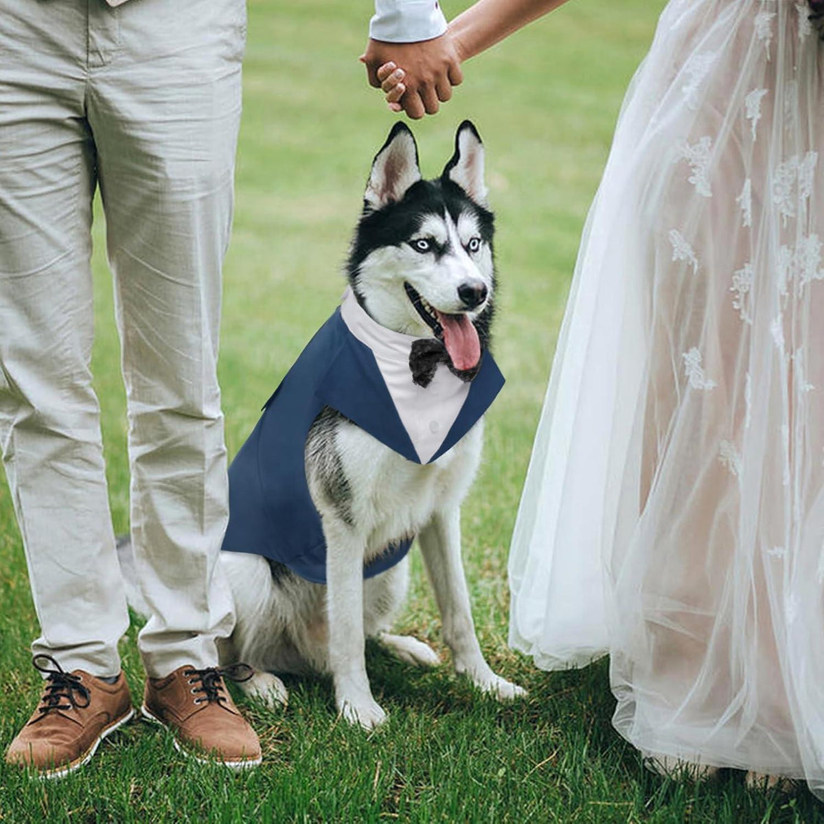 Hund Smoking Anzug mit Bandana & Fliege, Blau, S-XXL