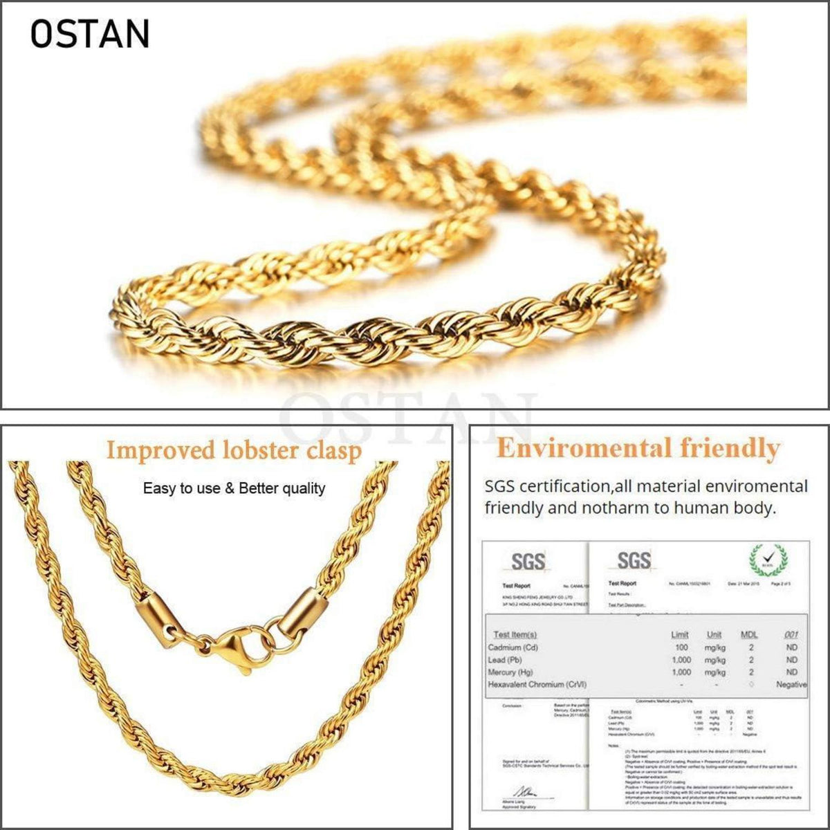 Herren Damen Edelstahl Halskette Verdrehte Seilkette 2-5mm 45-80cm Gold