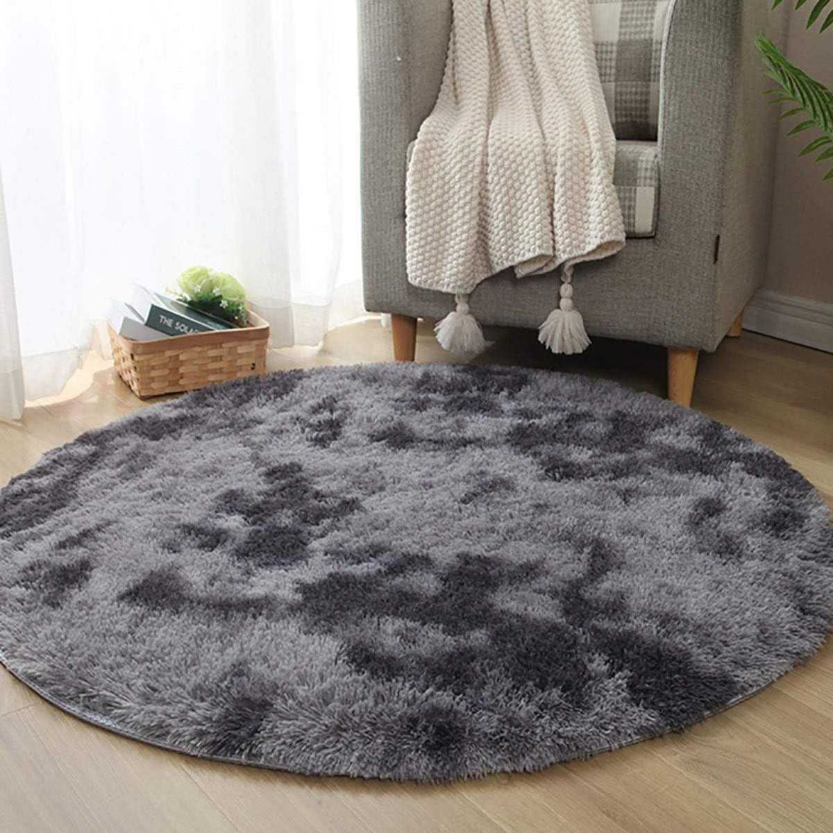 Runder Flausch Teppich Schwarz Grau 140cm – Weich & Rutschfest