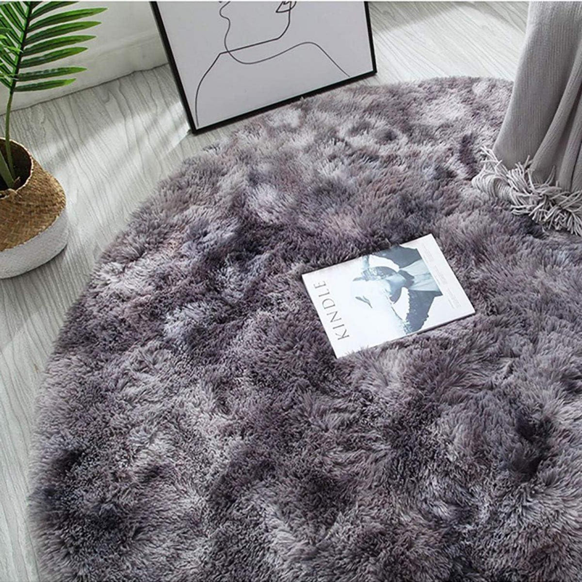 Runder Flausch Teppich Schwarz Grau 140cm – Weich & Rutschfest