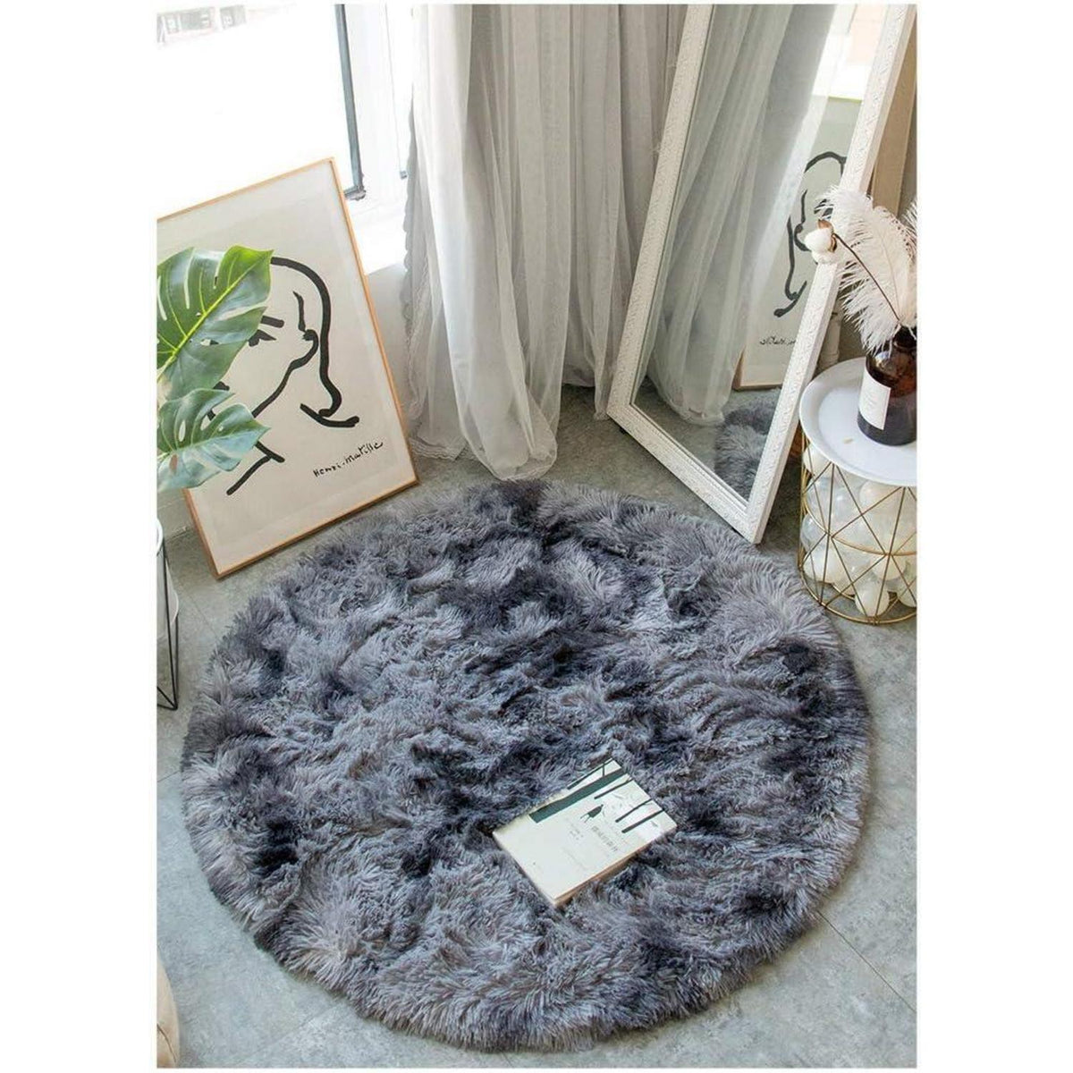 Runder Flausch Teppich Schwarz Grau 140cm – Weich & Rutschfest