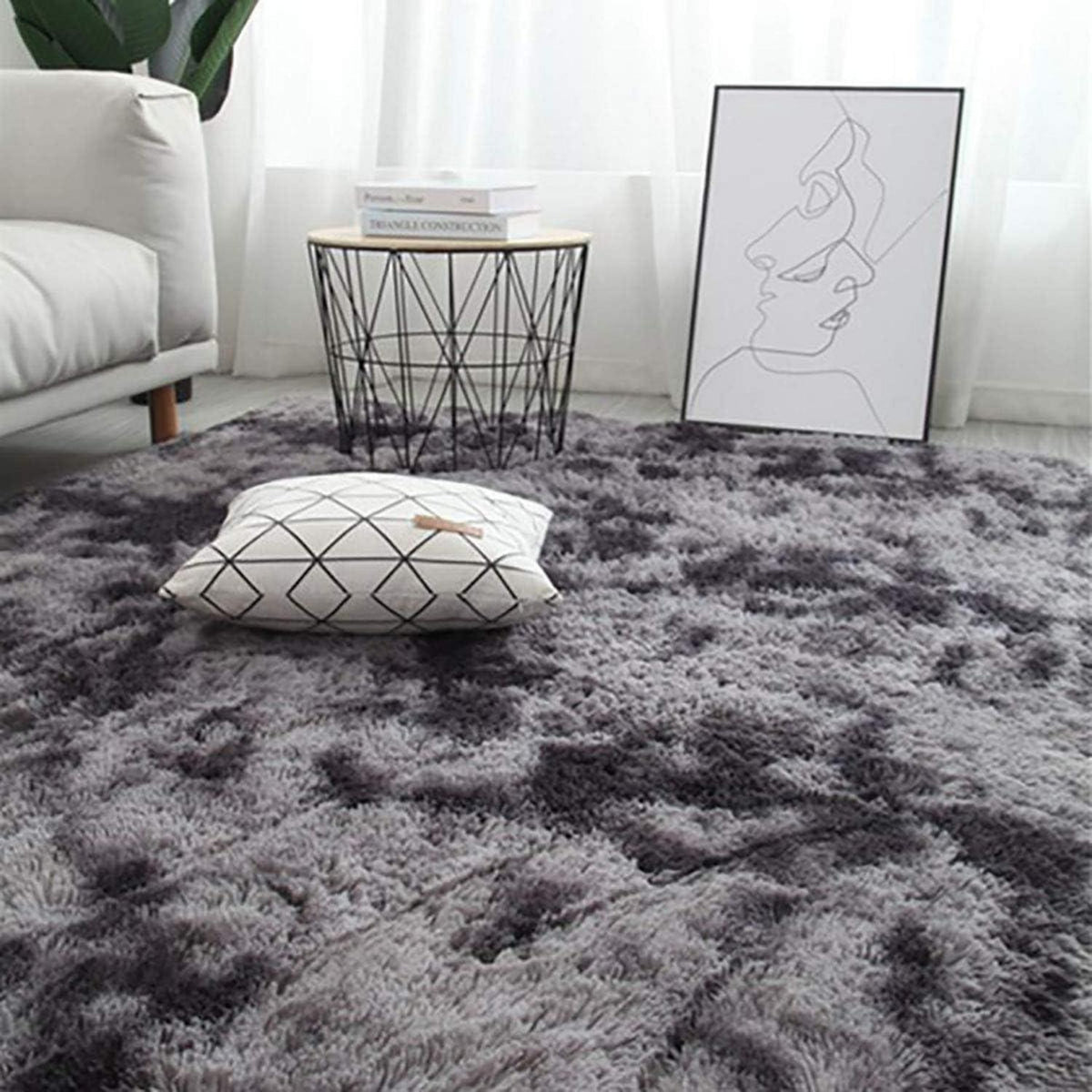 Flauschiger Teppich Rund Hochflor Rutschfest Weich Schwarz Grau 160cm