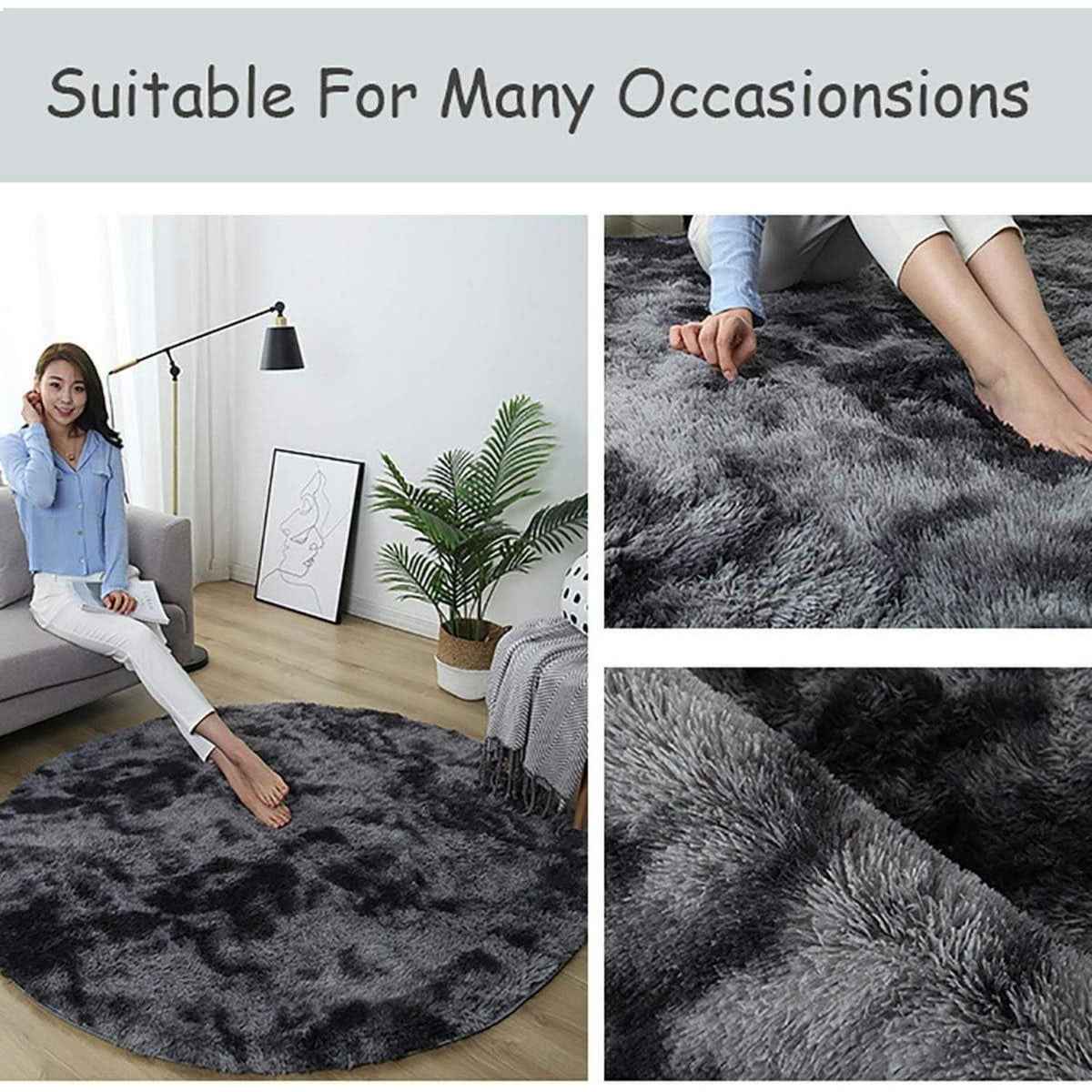 Flauschiger Teppich Rund Hochflor Rutschfest Ultra Weich Schwarz Grau 100cm