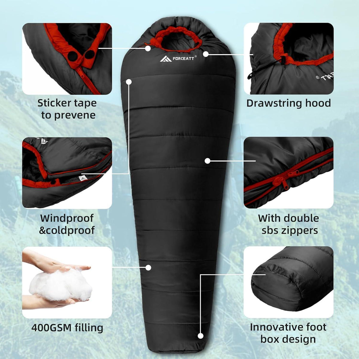 Mumienschlafsack 4 Jahreszeiten -10°C bis 15°C, wasserdicht, ultraleicht, Schwarz