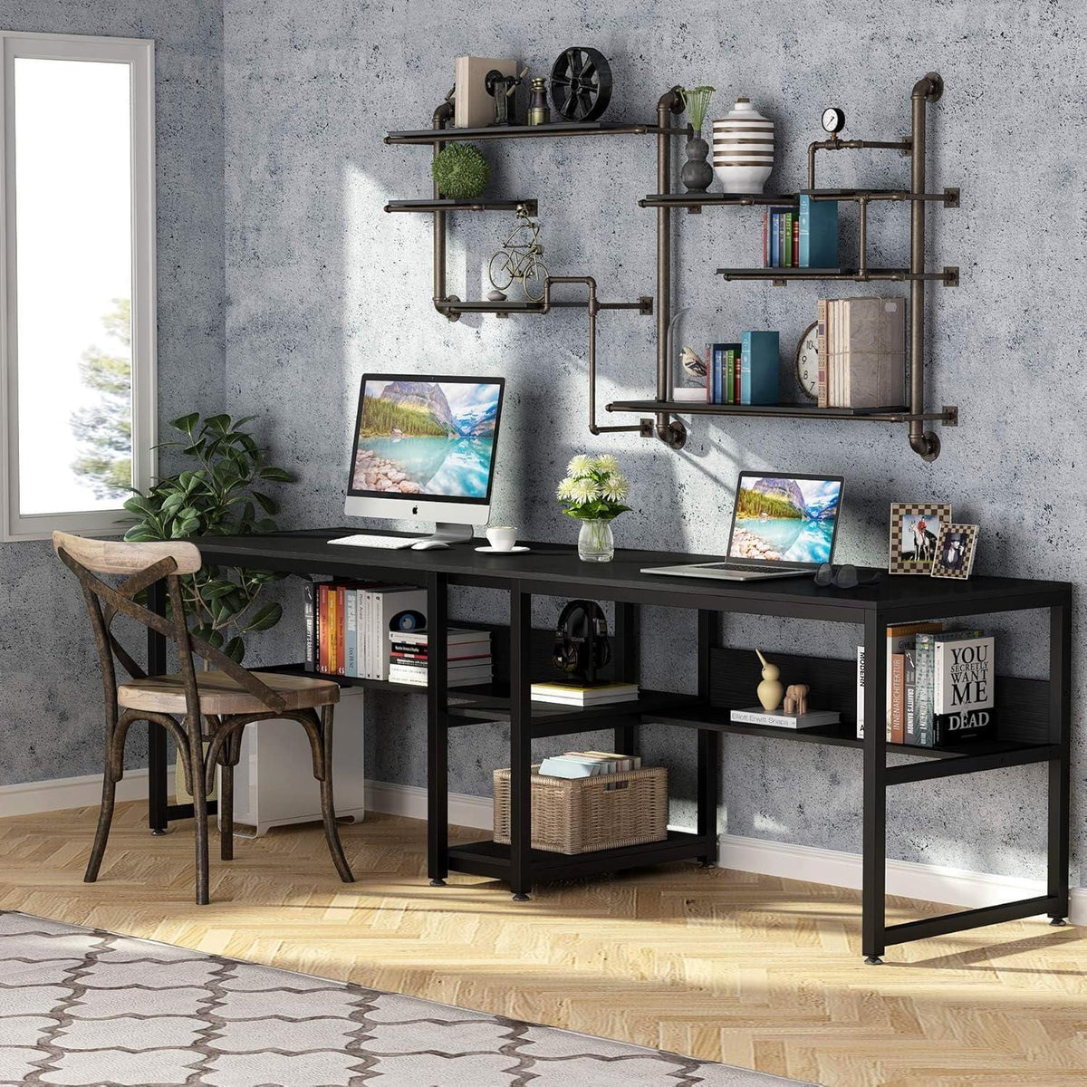 Doppelter Schreibtisch 200cm – Rustikaler Home Office Arbeitstisch