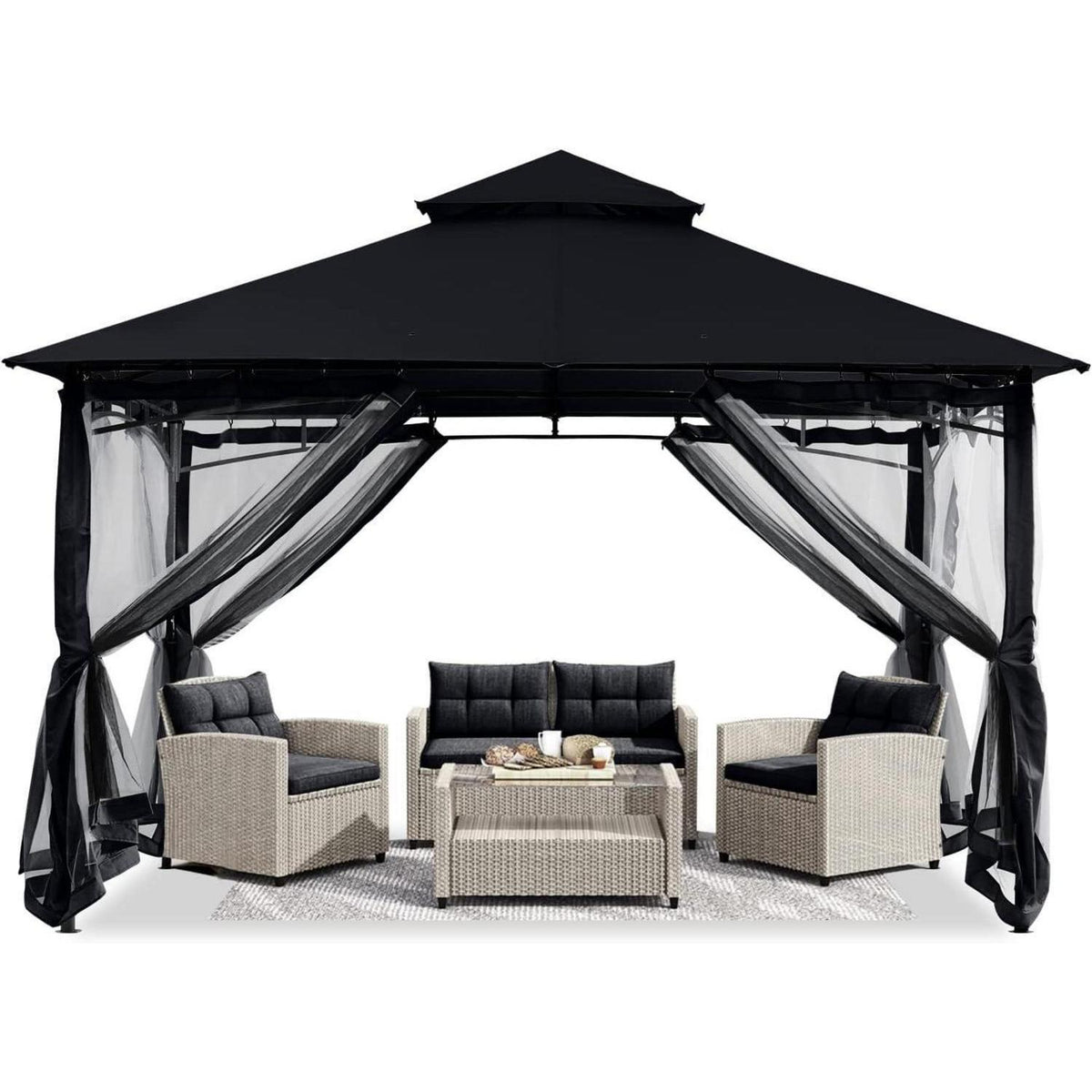 Gartenpavillon 2,5x2,5m mit Netz und Doppeldach, Schwarz