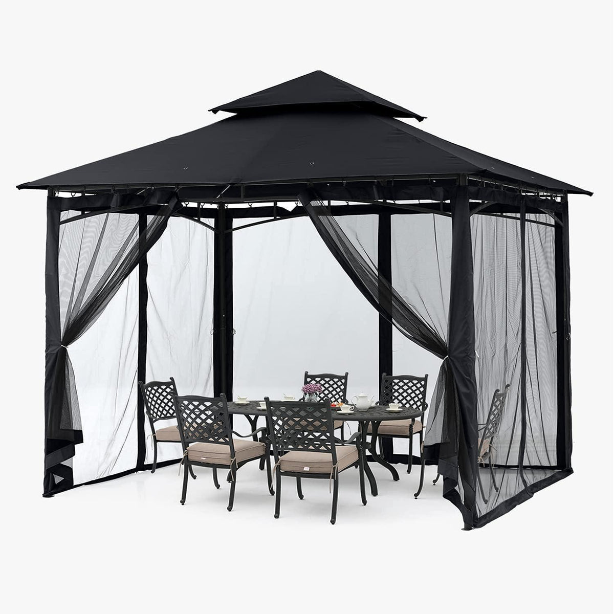 Gartenpavillon 2,5x2,5m mit Netz und Doppeldach, Schwarz