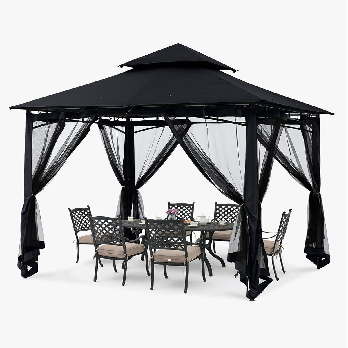 Gartenpavillon 2,5x2,5m mit Netz und Doppeldach, Schwarz