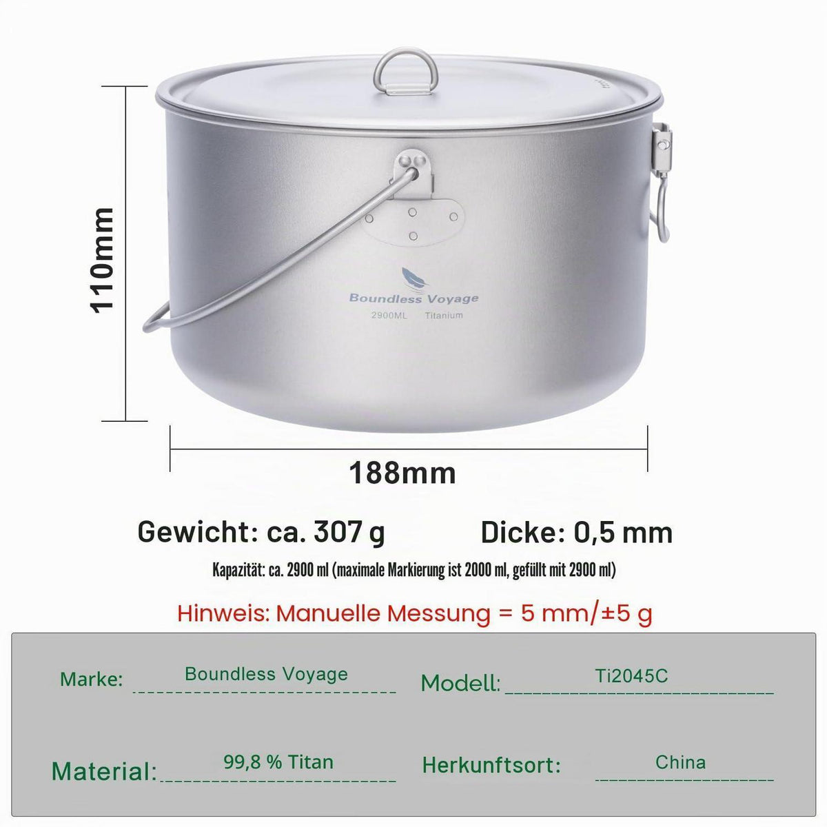 Camping Titan Topf 2.9L mit Bügelgriff & Deckel