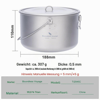 Camping Titan Topf 2.9L mit Bügelgriff & Deckel