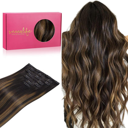 Clip in Echthaar Extensions 40cm Balayage Schwarz-Braun