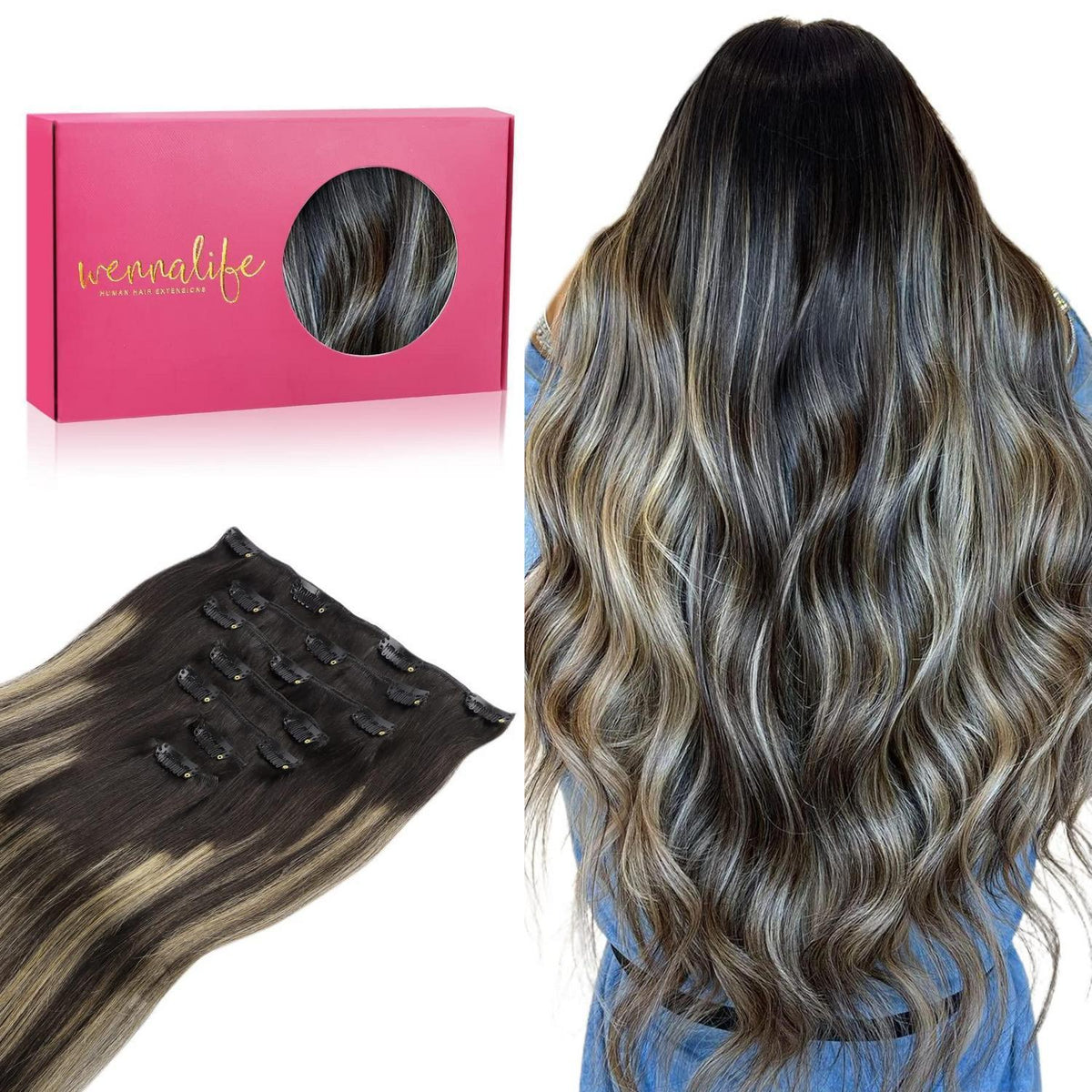 Clip in Echthaarverlängerung Balayage Schwarz-Blond 35cm