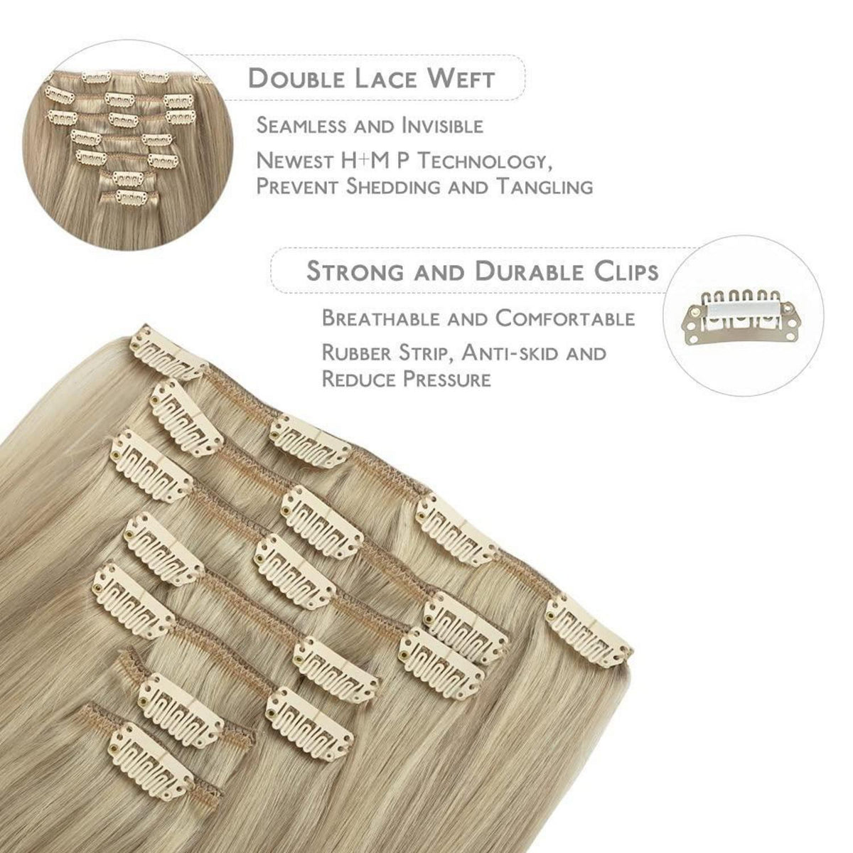 Echthaar Clip-Ins Aschblond bis Platinblond 40cm