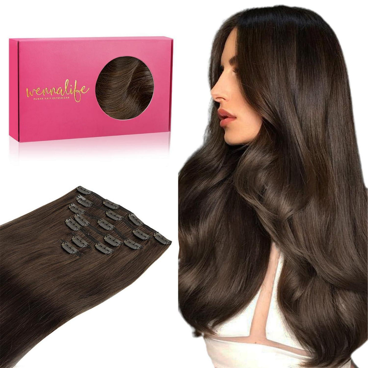 Echthaar Clip-Ins Schokoladenbraun 55cm 120g