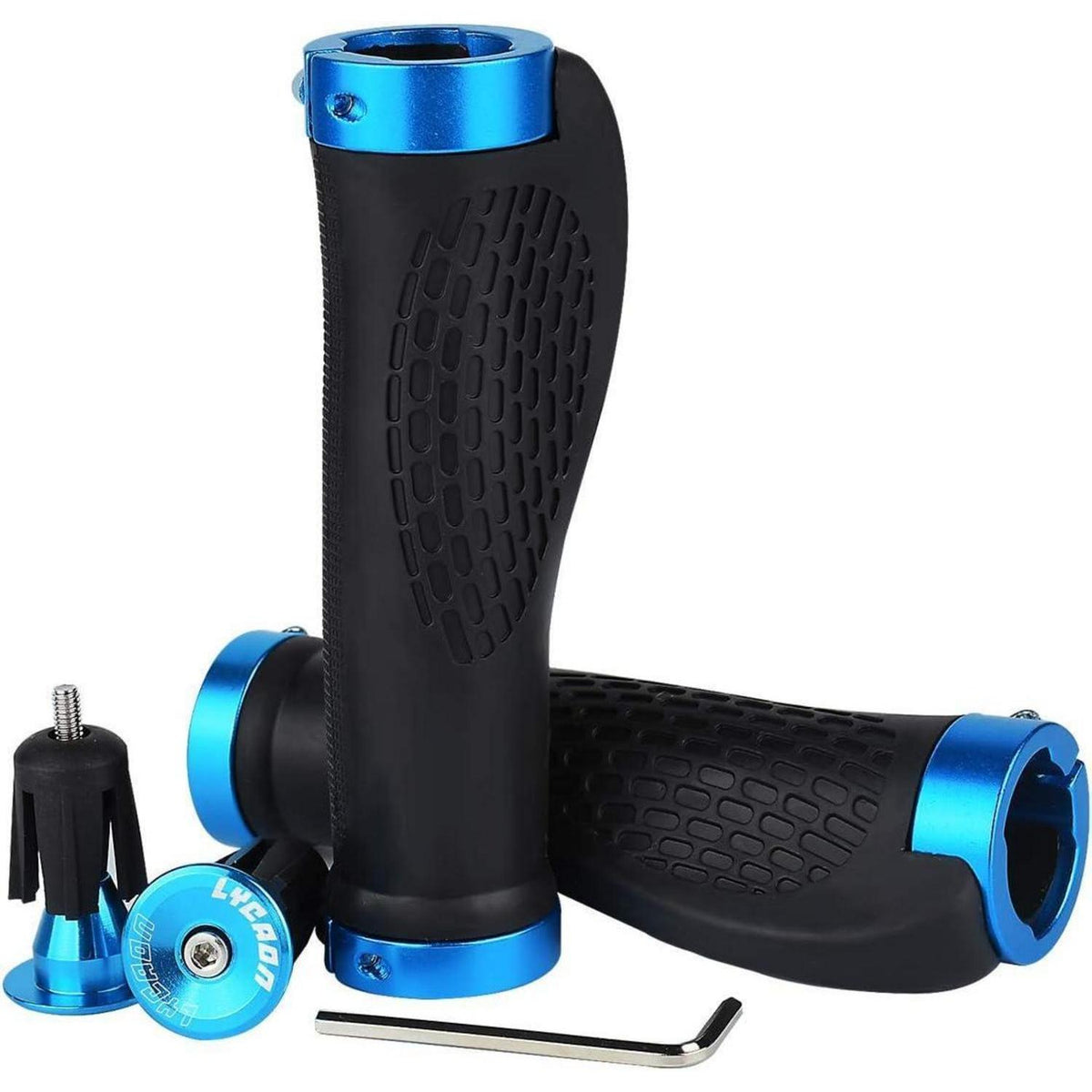 Ergonomische Fahrradgriffe mit Aluminiumkappen – Blau