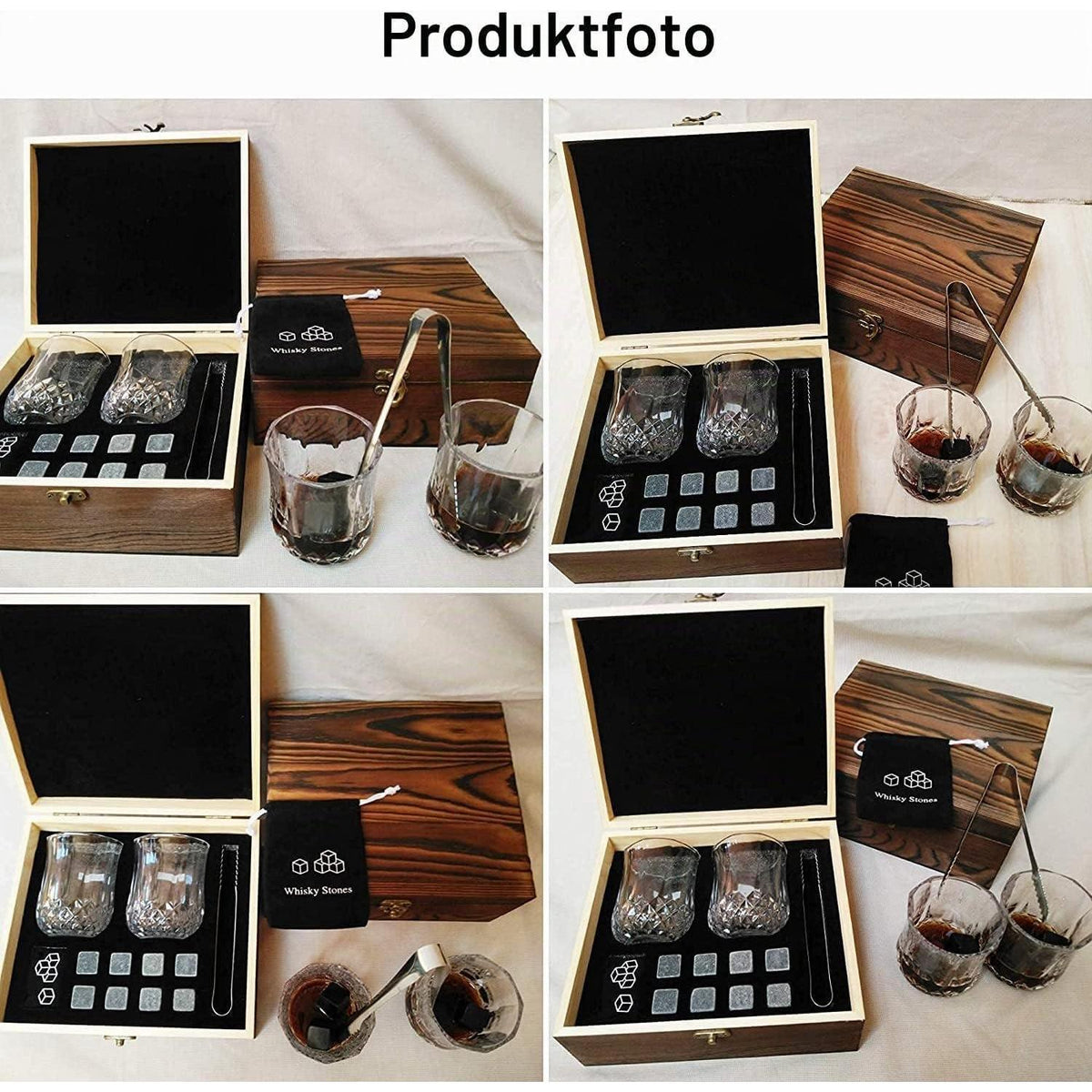 Whiskey Geschenkset mit Gläsern, Steinen & Zange – Basalt Kühlsteine