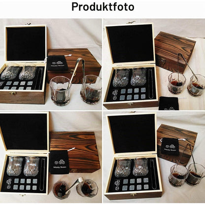 Whiskey Geschenkset mit Gläsern, Steinen & Zange – Basalt Kühlsteine