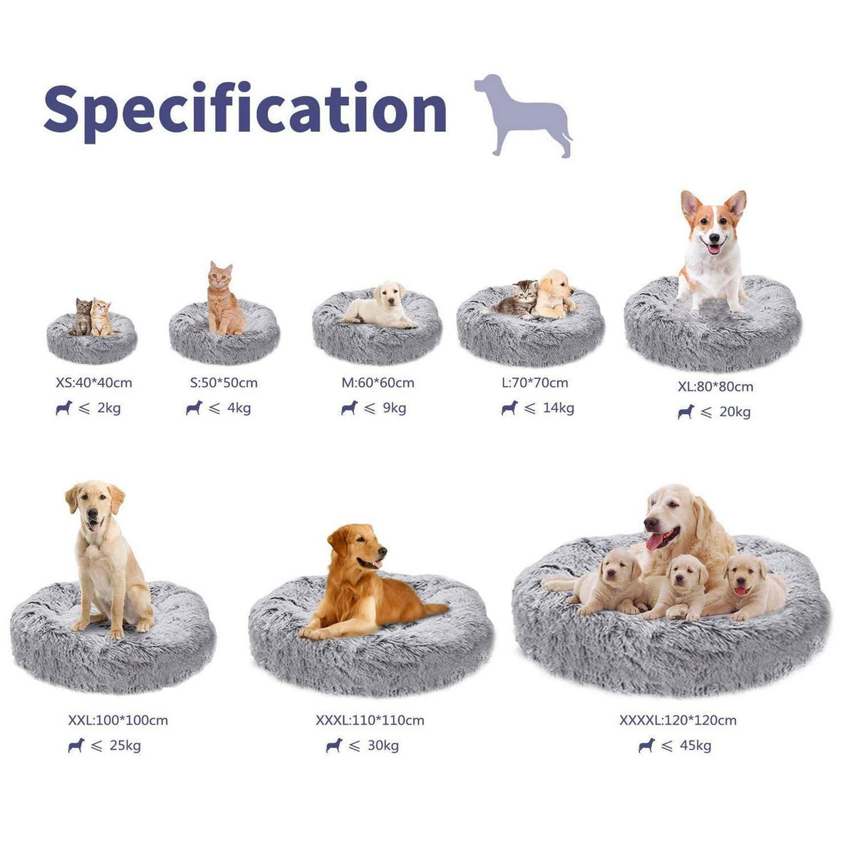 Hundebett Donut Plüsch Grau Ø 120cm – Bequemes Katzenbett