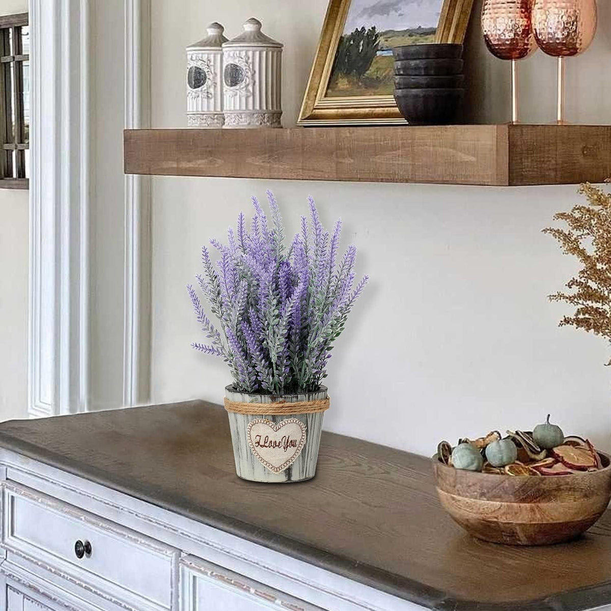 Künstliche Lavendel Blumen Kunstpflanzen Flocked Kunststoff in Antiken Holztopf