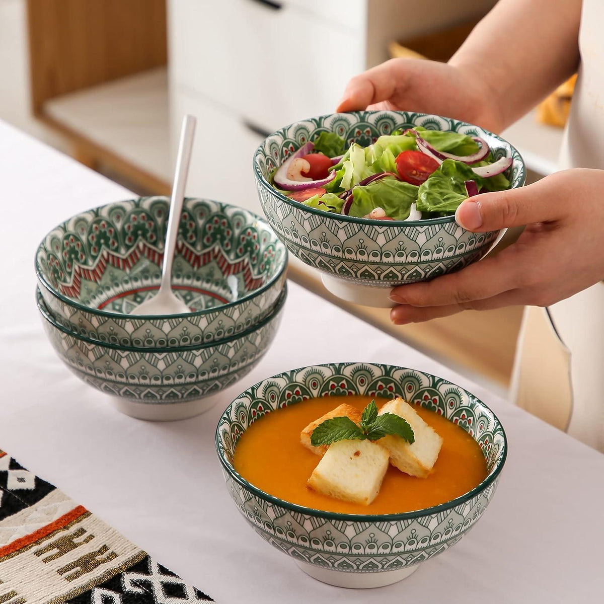Müslischalen 4er Set Porzellan Grün, 650ml, Böhmischer Stil