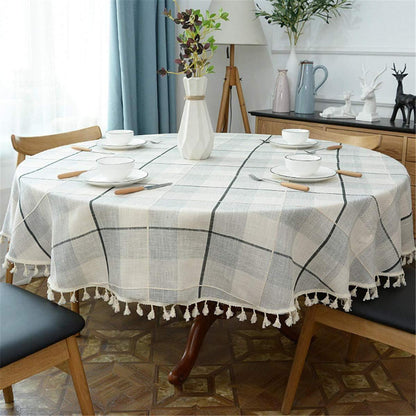 Runde Tischdecke Baumwolle Leinen mit Quaste | Weiß & Grau 180cm