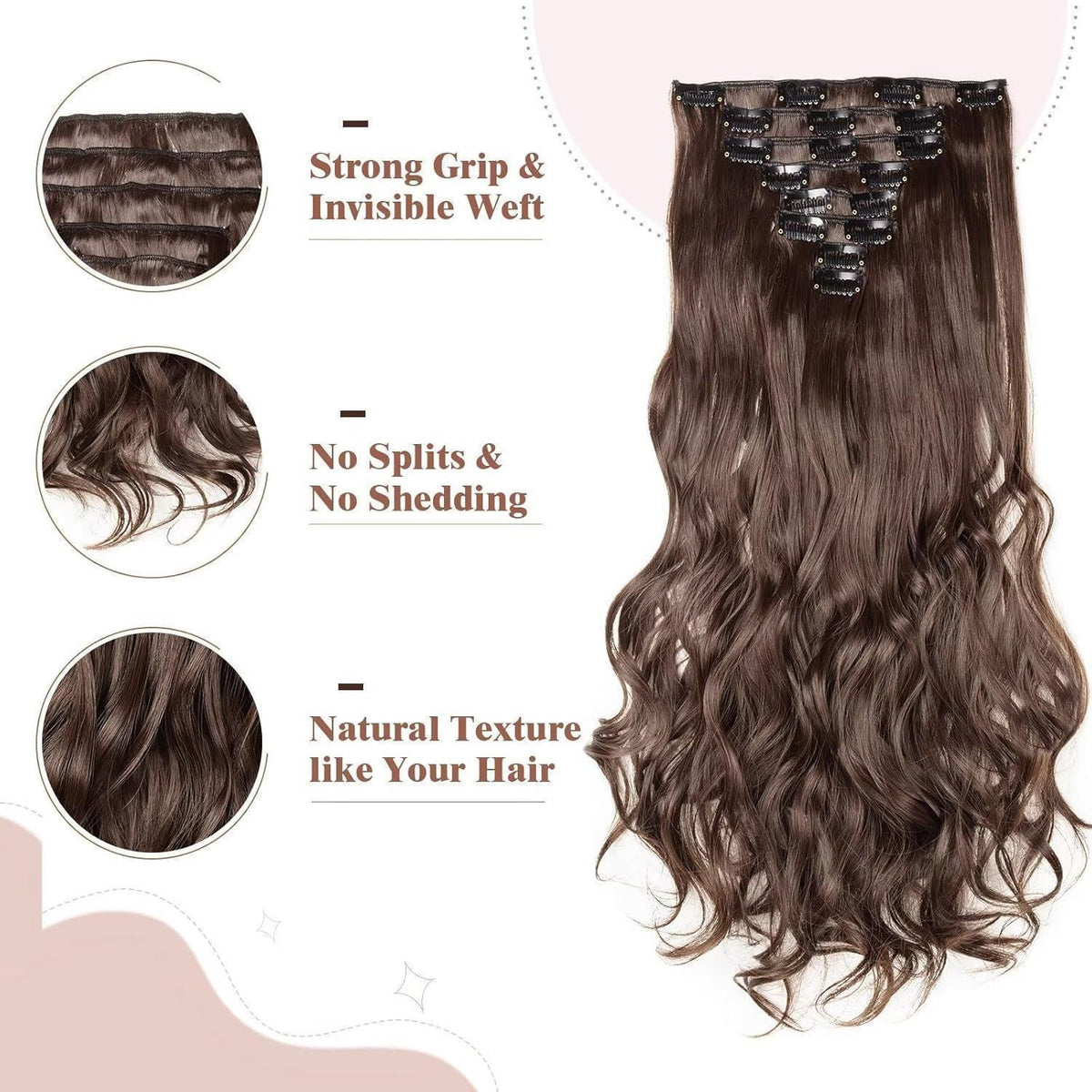 Welliges Haarverlängerung Set – 8 Tressen, 18 Clips, Mittelbraun