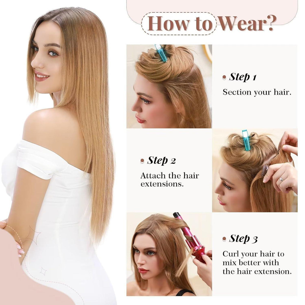 Welliges Haarverlängerung Set – 8 Tressen, 18 Clips, Mittelbraun