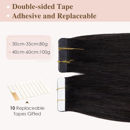 Echthaar Tape Extensions Schwarz 55 cm - 40 Stück Remy