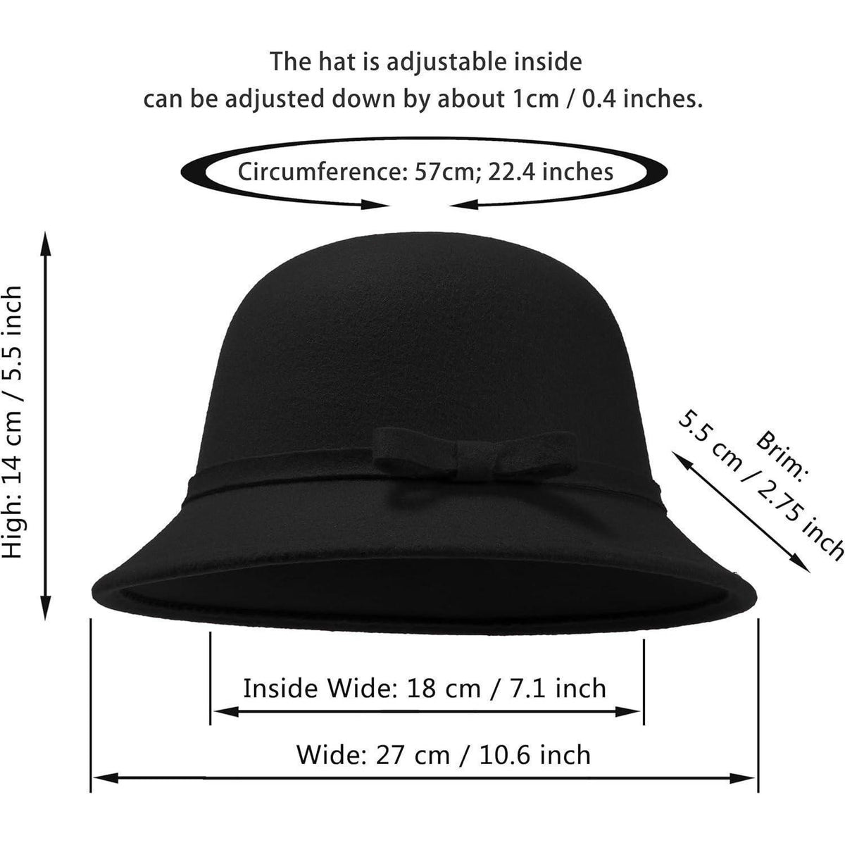 Damen Filz Eimerhut mit Schleife – Schwarz, verstellbar 56-58cm
