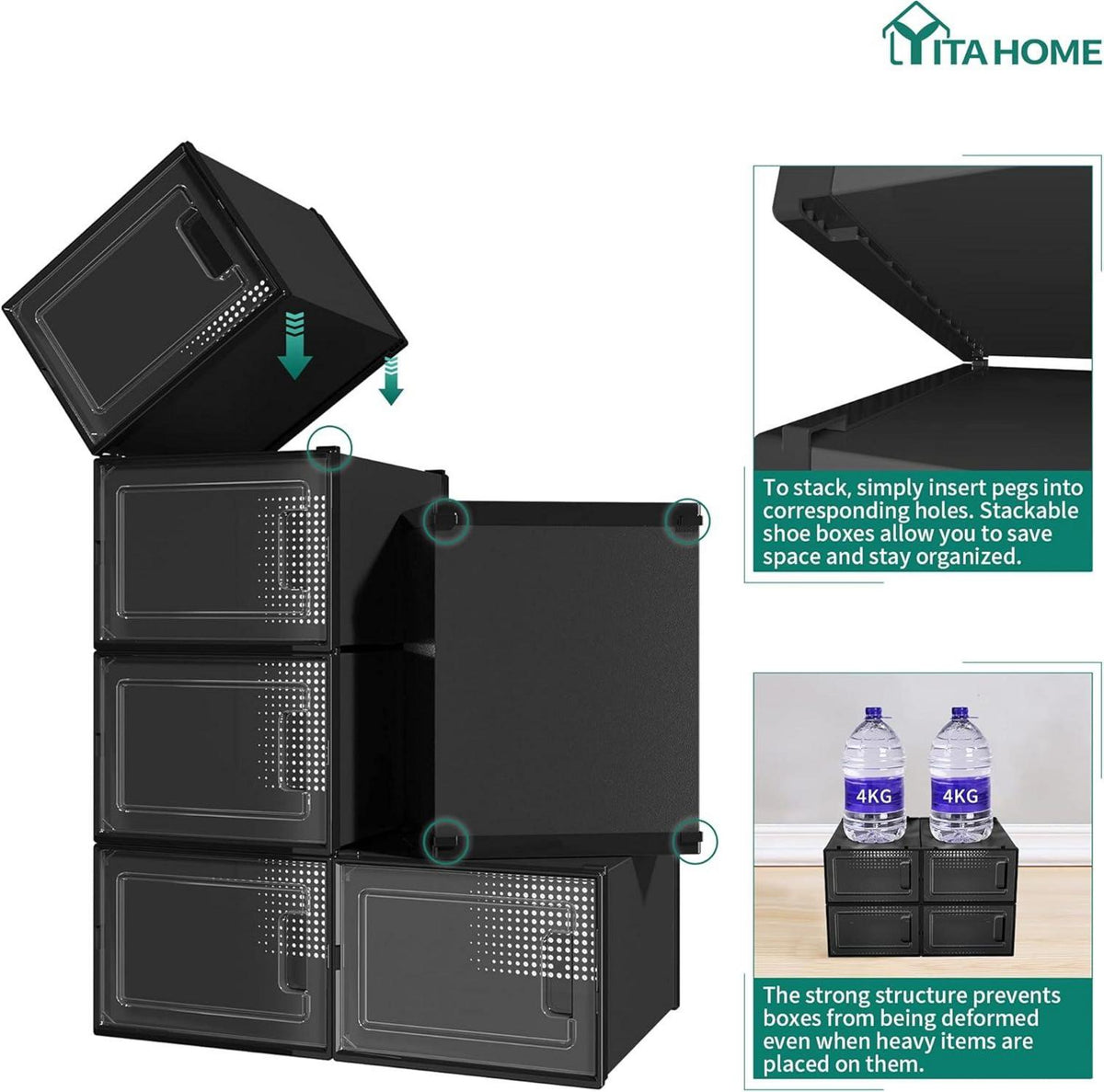 YITAHOME Schuhboxen 6er Set stapelbar stabil Aufbewahrungsboxen für Schuhe Größe 46 transparent Schwarz