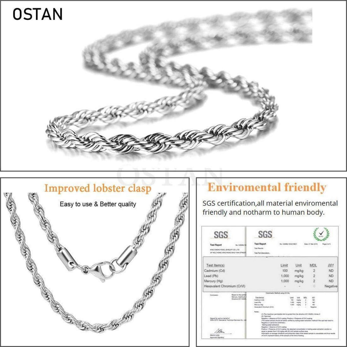 Herren Damen Halskette Edelstahl Verdrehte Kette 3mm Silber 80cm
