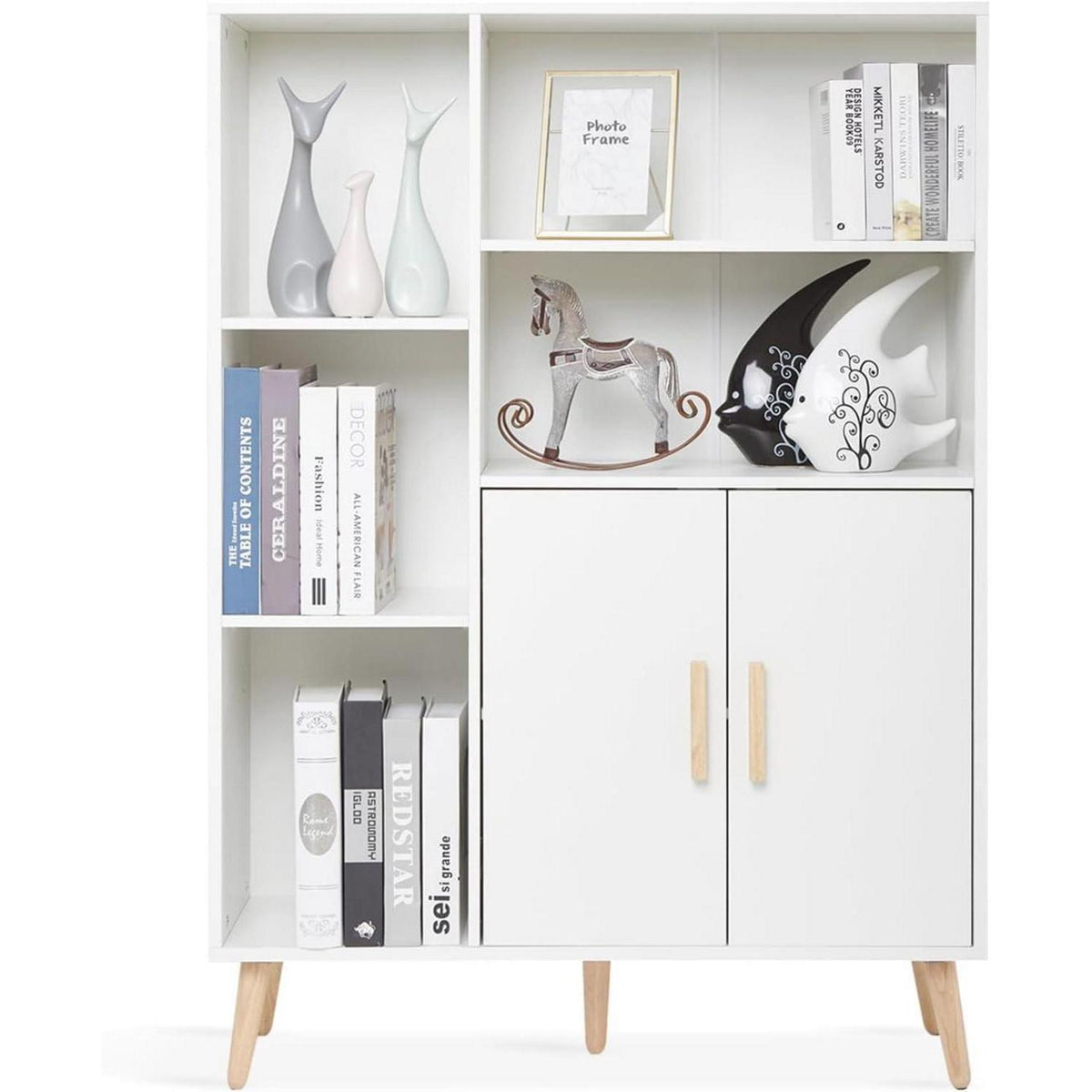 Weißes Sideboard mit 2 Türen & 5 Fächern – 85x30x120 cm