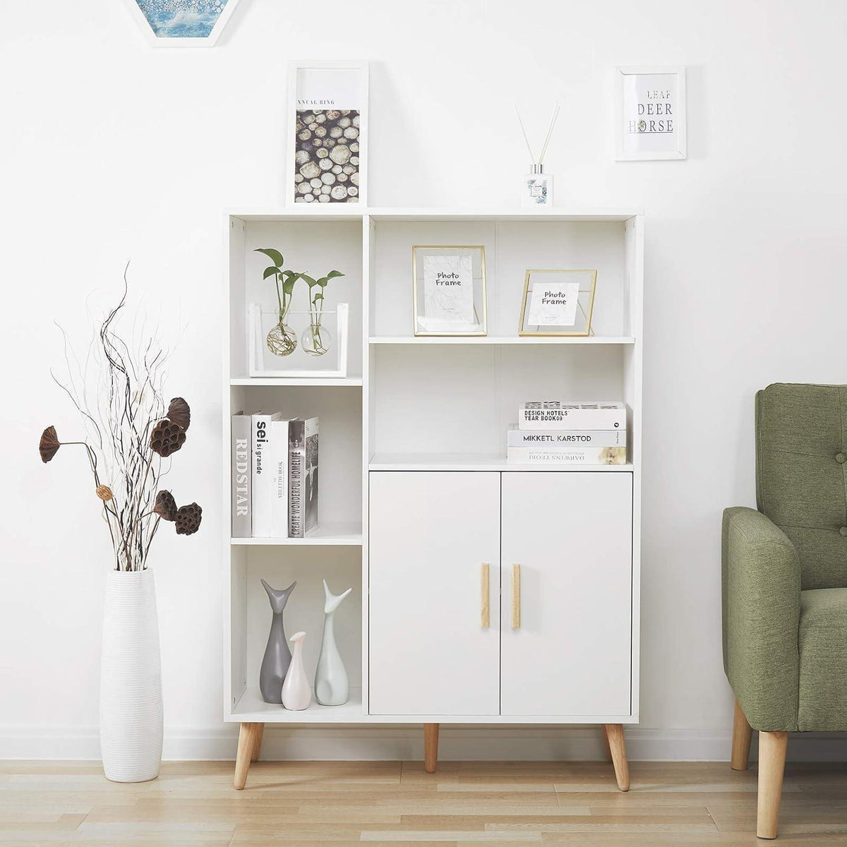 Weißes Sideboard mit 2 Türen & 5 Fächern – 85x30x120 cm