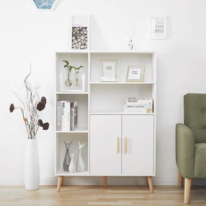 Weißes Sideboard mit 2 Türen & 5 Fächern – 85x30x120 cm